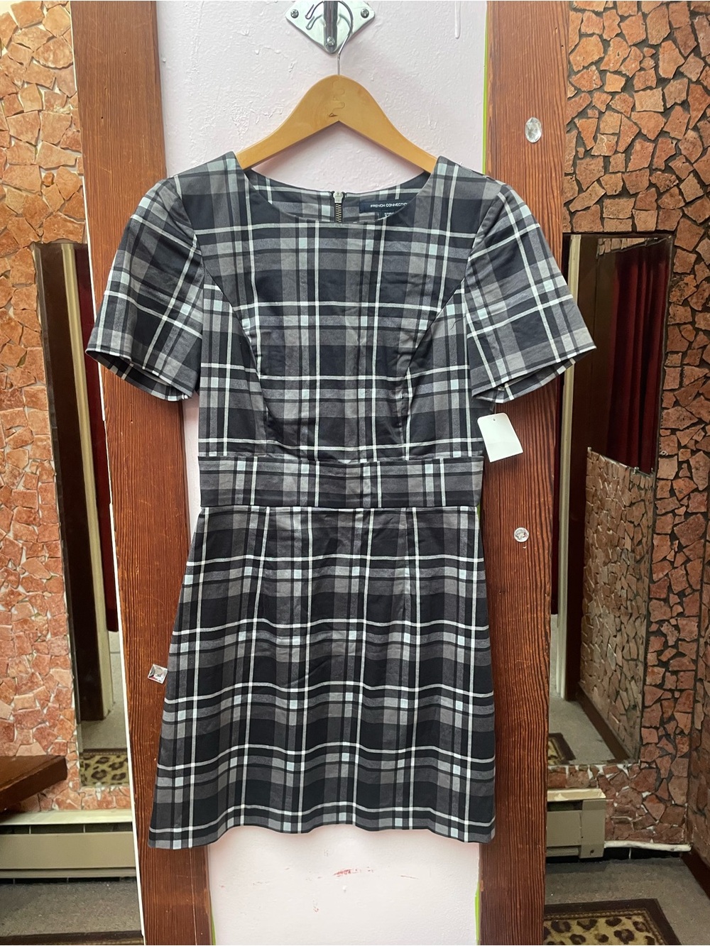 French Connection Black and Gray Plaid Short-Sleeve Fit & Flare Dress